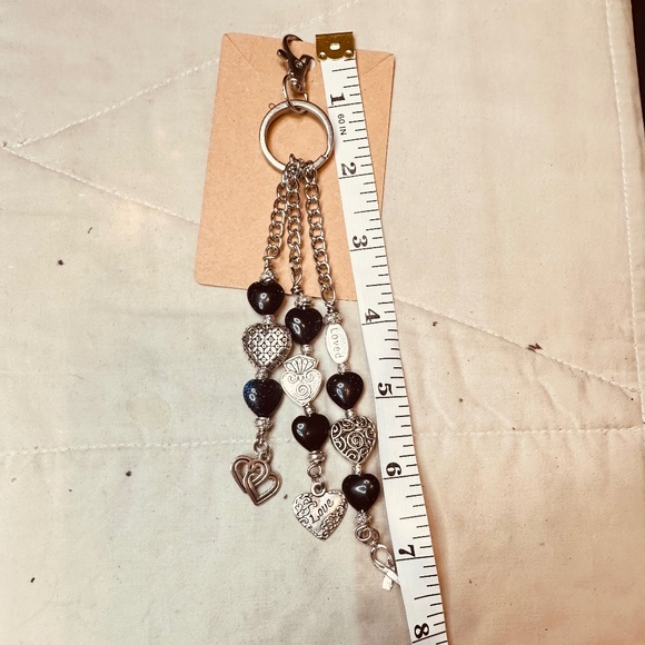 Silver Heart Keychain Bag Charm Glittery Blue Goldstone Hearts & 5 Silver Hearts - Picture 12 of 16